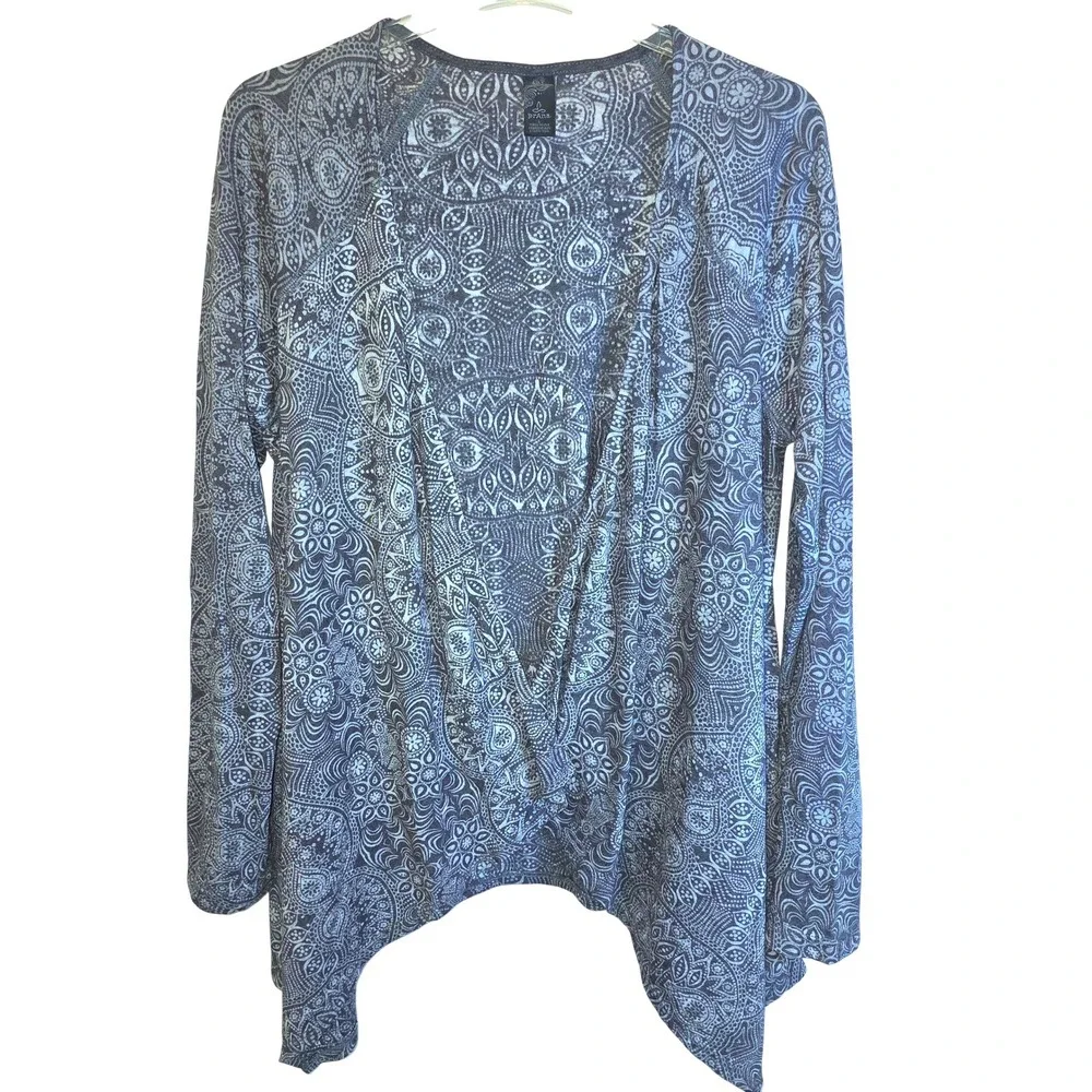 Prana Long Sleeve Open Tunic Cardigan Top Cascade Sz Large Blue Navy Waterfall - Picture 2 of 10